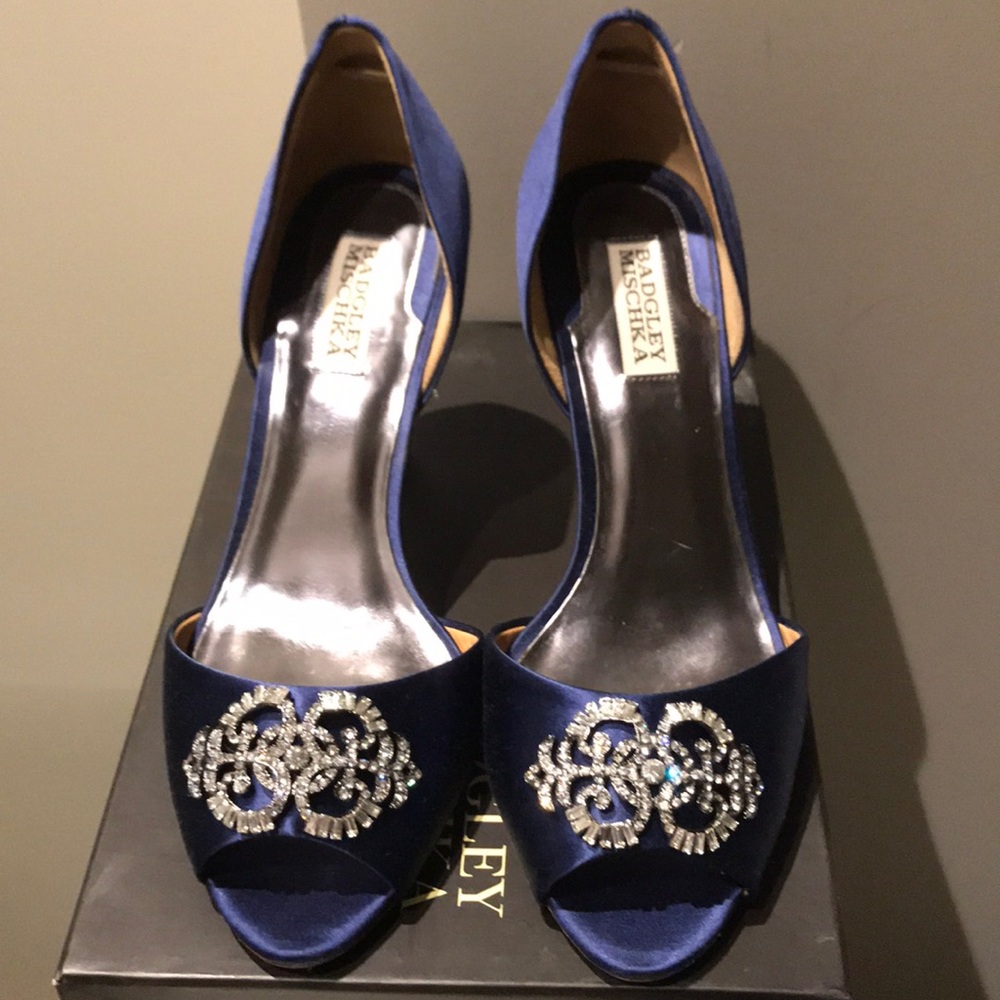 Badgley Mischka satin Salsa heels with crystal toe